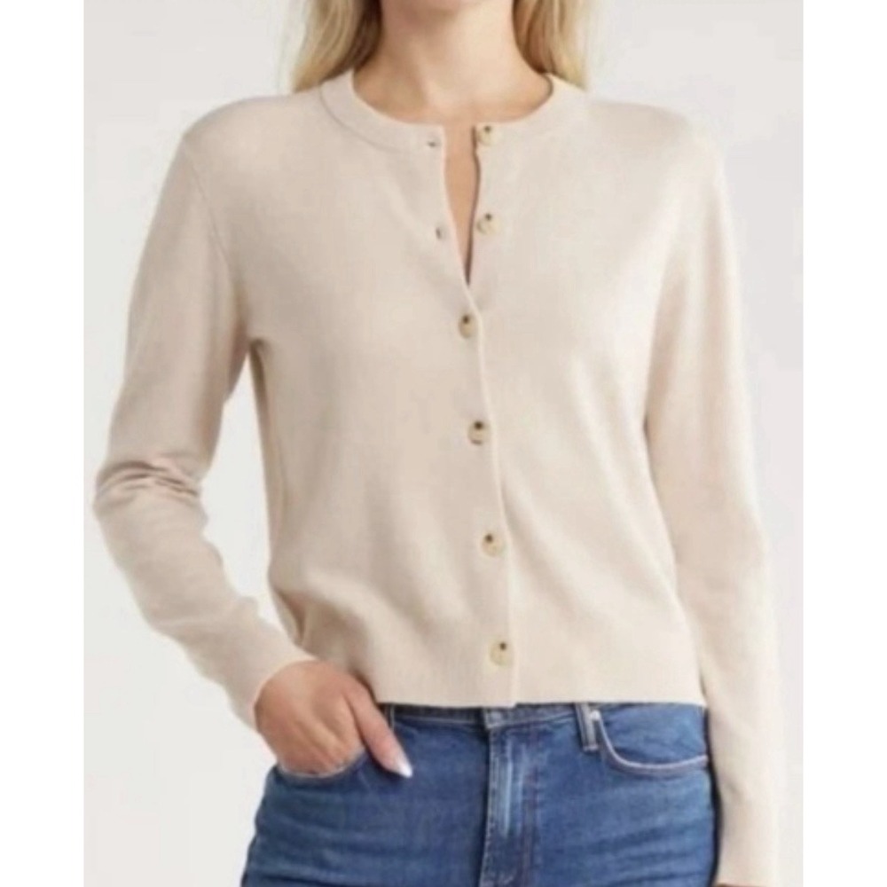 VINCE Crewneck Wool Cashmere Blend Cardigan Sweater Light Oat Size Large